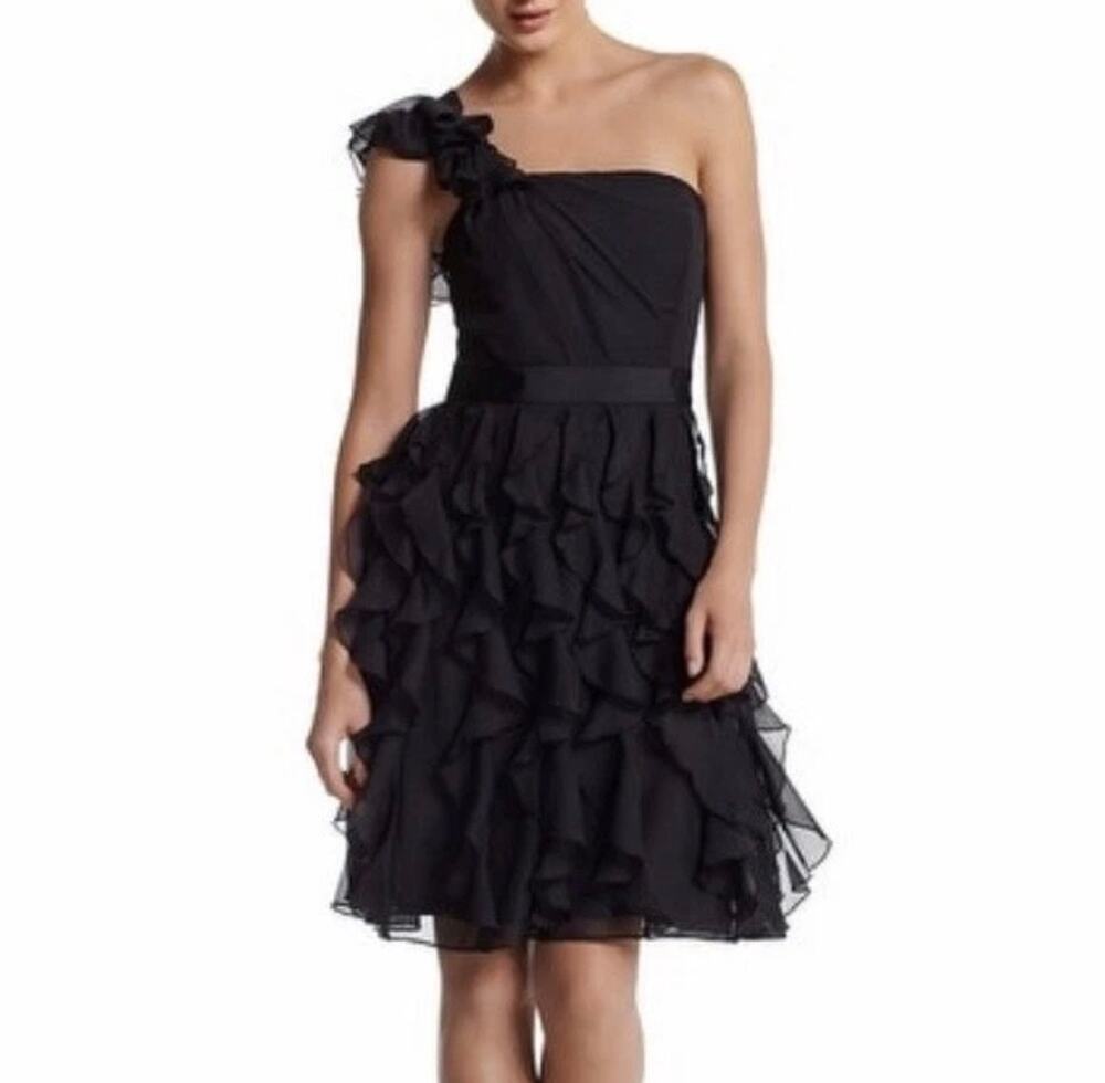 White House Black Market NWT Black One Shoulder Flirty Ruffle Dress in Size 12